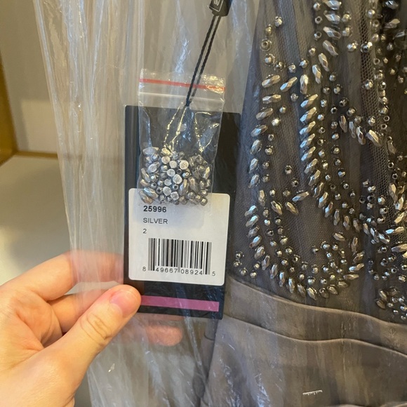 La Femme Off the Shoulder Beaded Satin Trumpet Gown - Picture 7 of 7